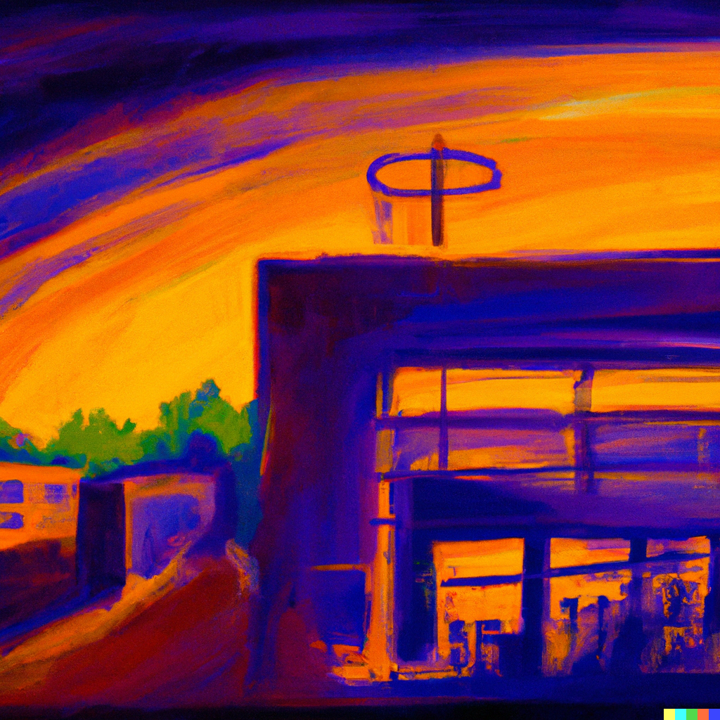 An abstract painting depicting the dawn light shining on a biomedical informatics research laboratory - Milton DALL E