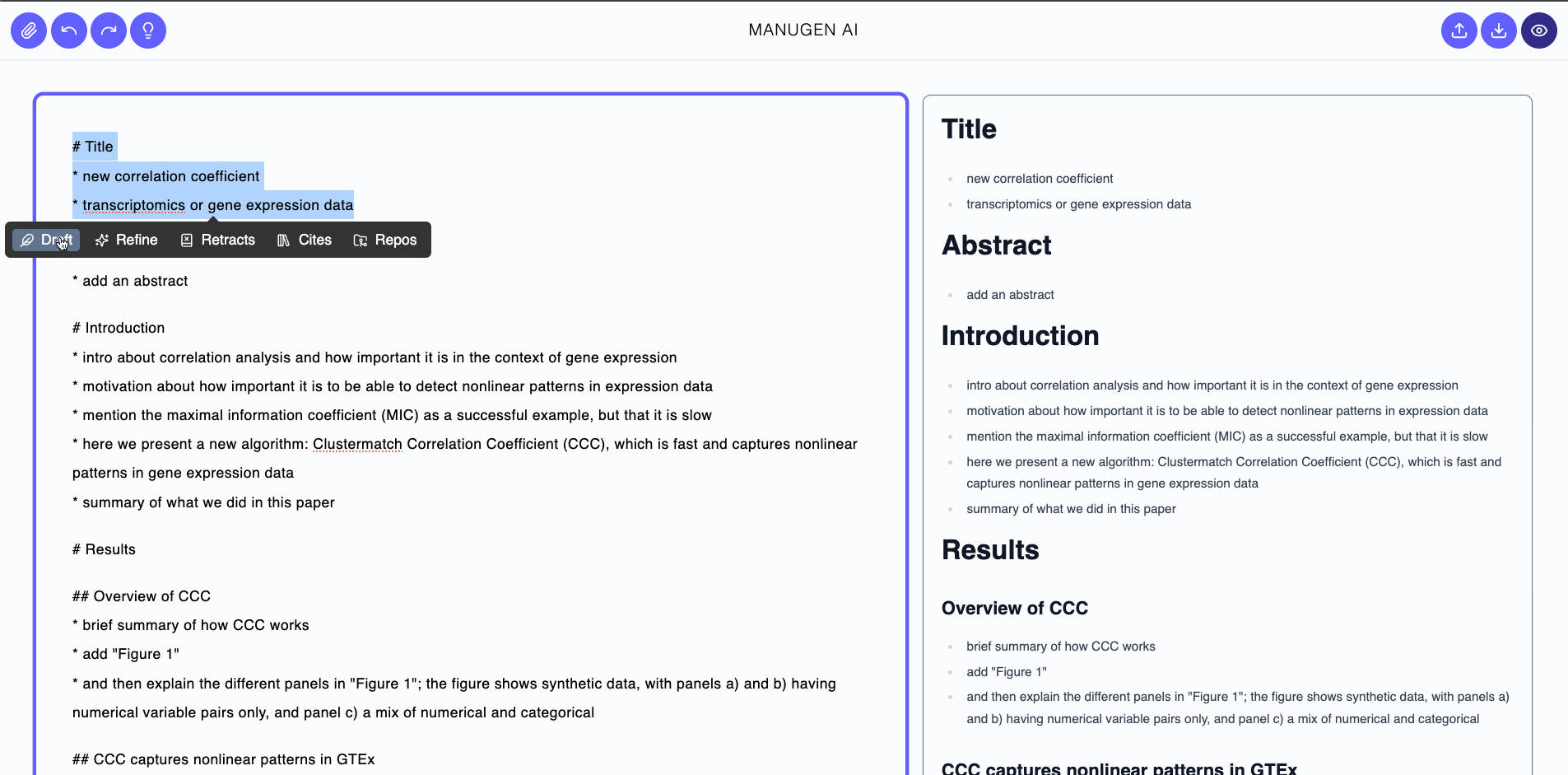 Manugen-AI enables you to produce high-quality agentic output for use with scientific manuscript generation.