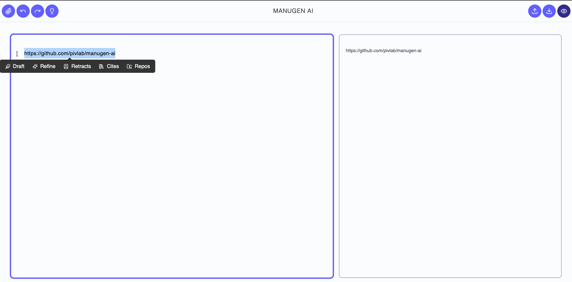 The Repos action provides users with a way to provide a repository link and draft an entire paper.